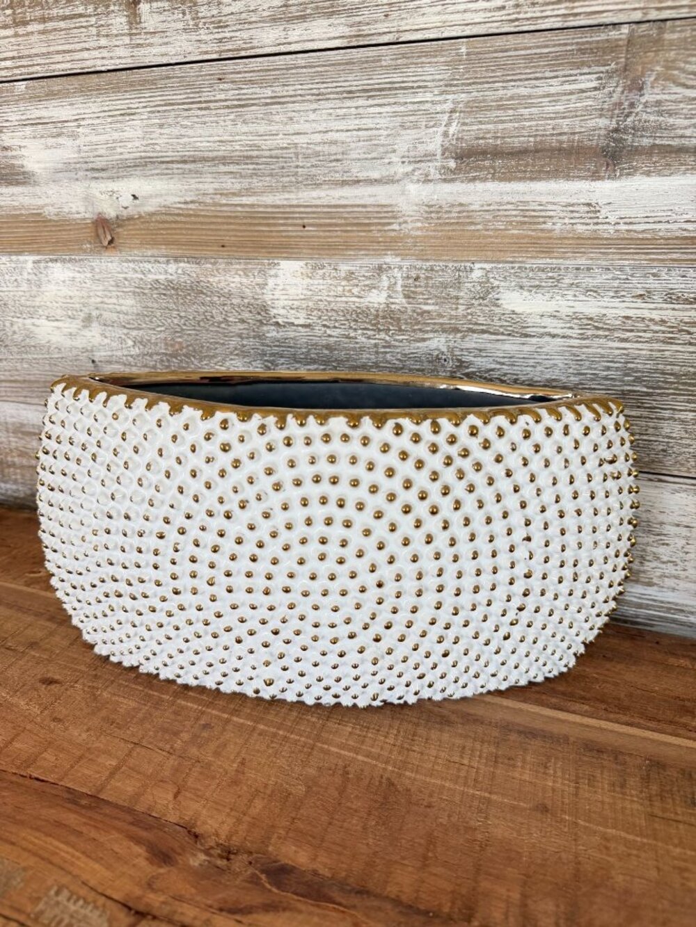 Pier 1 Imports HOBNAIL Table VASE White Gold Oval Ceramic Boat Planter Bowl